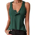 Close-up detail of dark green ribbed sleeveless tank top with metal henley buttons - S / Tops / Dark Green