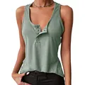 Detail shot of sage green ribbed sleeveless henley tank top with metal snap buttons - S / Tops / Light Green