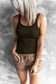 Detail view of a women's ribbed tank top and drawstring shorts in a casual summer style. - S / Tops / Green