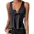 Detailed view of women's charcoal grey ribbed tank top with silver snap buttons - S / Tops / Dark Gray