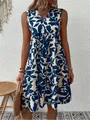 Bohemian V-neck sleeveless floral midi dress in blue and white leaf print - S / Top And Bottom / Navy Blue
