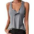 Detailed view of women's grey ribbed tank top with snap buttons and wide neckline - Light Gray