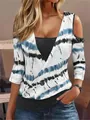 Detail view of women's cold shoulder faux two-piece T-shirt with blue stripe print - S / Top (DM2405281) / Blue