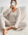 Cozy beige V-neck ribbed lounge set for women in a comfortable indoor setting - XS / Top And Bottom / Apricot