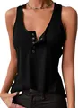 Sleeveless black Henley tank top for women featuring functional silver snap buttons - Black
