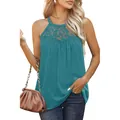 Macro detail view of women's sleeveless lace pleated tank top in teal blue color - Teal