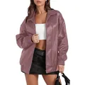 Detailed view of mauve women PU leather jacket with lapel collar and zipper closure - S / Tops / Pink
