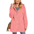 Cozy pink teddy fleece hooded cardigan with large buttons and pockets for women - Pink