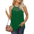 Detail view of green sleeveless tank top featuring delicate lace neckline and pleated front. - S / Tops / Green