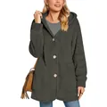 Close-up view of women's plush hooded cardigan jacket with buttons and side pockets in dark grey - S / Tops / Gray