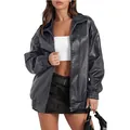 Detailed view of women's black PU leather jacket featuring zipper and ribbed cuffs design - S / Tops / Gray