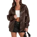 Stylish oversized brown PU leather jacket for women with lapel collar and zip closure - S / Tops / Coffee