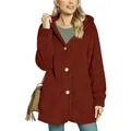 Detailed view of women's burgundy fuzzy hooded cardigan with large buttons - Caramel color