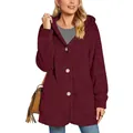 Close-up detail of women's burgundy fuzzy hooded cardigan jacket with buttons and large pockets - S / Tops / Burgundy