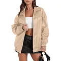 Detailopname van beige PU-leren damesjack met reverskraag en ritssluiting voor vrouwen - Abrikoos