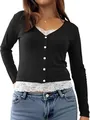 Detail view of black ribbed top featuring white lace trim and white button front closure - S / Tops / Black
