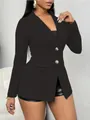 Elegant black blazer with notch lapel, flap pockets and decorative gold buttons on model - S / Tops / Black