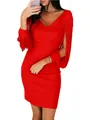 Elegant red V-neck mini dress with unique fringe sleeve details for party wear - S / Top And Bottom / Red