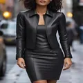 Sophisticated black PU leather two-piece outfit featuring long sleeve cardigan and bodycon dress - S / Top And Bottom / Black