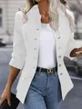 Detail view of a white round neck blazer with decorative silver buttons and faux pockets. - S / Tops / White