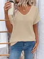 Beige V-neck T-shirt for women featuring a hollow knit texture in a lifestyle shot - Khaki