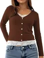 Close-up detail of brown ribbed long sleeve top with buttons and white lace trim - S / Tops / Coffee
