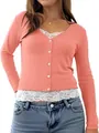 Detail of coral faux two-piece top featuring V-neck buttons and white lace trim. - Pink