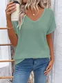 Close-up detail of a sage green V-neck hollow knit short sleeve T-shirt for women - Sky Blue