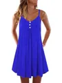 Blue V-neck spaghetti strap dress with button detail and pleated swing hem - Royal Blue