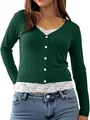 Stylish dark green long sleeve ribbed V-neck top featuring white lace trim and button detail - S / Tops / Green