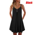 Front view of a black summer sleeveless swing mini dress featuring button details - Black