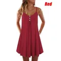 Close-up detail of a red sleeveless summer dress with elegant buttoned V-neckline - S / Top And Bottom / Red