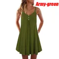 Close-up of an army-green summer camisole dress with V-neckline and button details - S / Top And Bottom / Army Green