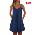 Full front view of blue sleeveless summer dress with decorative buttons and thin straps. - S / Top And Bottom / Dark Blue