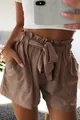 Detail of high-waisted khaki paperbag shorts with elastic waist and tie belt - Coffee