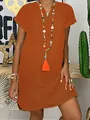 Elegant loose short-sleeved solid orange V-neck dress for women's summer casual wear - Rust Red