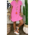 Pink V-neck short sleeve loose woven dress styled with boho accessories and desert cactus - S / Tops / Pink