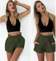 Women's casual high-waisted olive green shorts with elastic waist and bow tie detail - S / Bottoms / Dark Green
