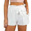 Detailed macro view of high waisted white paperbag shorts with elegant bow tie belt - White