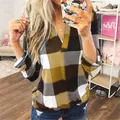 Stylish women's long sleeve plaid shirt featuring a deep V-neck and casual fit - 3XL / Tops / Yellow