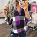 Detailed look at purple and black plaid pattern on a women's V-neck long sleeve shirt - 3XL / Tops / Purple