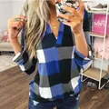 Close-up mirror selfie showing a blue and black checkered V-neck long sleeve shirt - 3XL / Tops / Blue