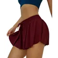 Detailed view of wine red elastic yoga shorts featuring an anti-exposure flared design - S / Bottoms / Burgundy