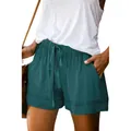 High waisted drawstring casual shorts in teal featuring large side pockets and soft fabric. - 3XL / Bottoms / Lake Blue
