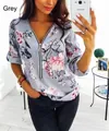 Graue Damenbluse mit Blumenmuster, V-Ausschnitt und Reißverschluss - S / Oberteile / Grau