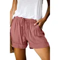 Close-up of women's casual pink drawstring shorts with high elastic waist and pockets - 3XL / Bottoms / Dusty Pink
