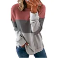 Primer plano del diseño de rayas tricolores y el ajuste relajado de la camiseta de manga larga - 3XL / Tops / Rosa y Gris Claro