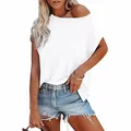 Casual white off-shoulder batwing sleeve t-shirt for women made of soft cotton fabric - M / Tops / White