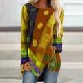 Detailed close-up of the vintage irregular hem long sleeve T-shirt with bohemian print - 3XL / Tops / Khaki