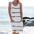 Loose white sleeveless dress with black stripes and side pockets on beach - S / Top And Bottom / White